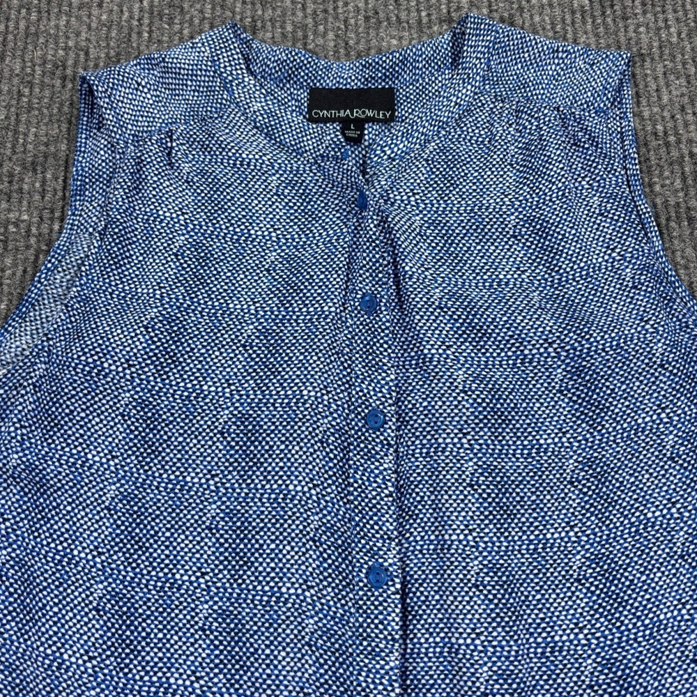 Cynthia Rowley Sleeveless Blouse Womens L Blue Geometric Button Up Shell Top